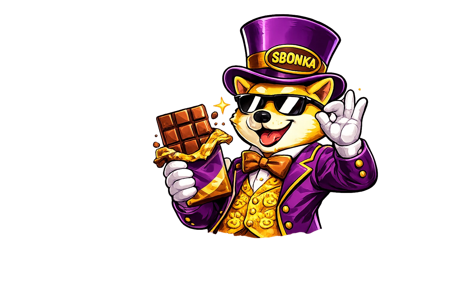 Willy Bonka Shiba mascot holding a chocolate bar